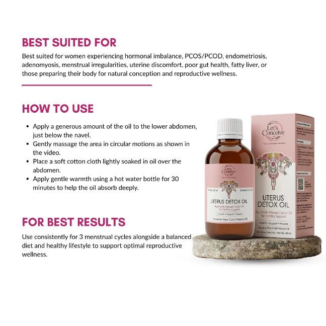 8 traditional Ayurvedic herbs blended into Let's Conceive Uterus Detox Oil for fertility support